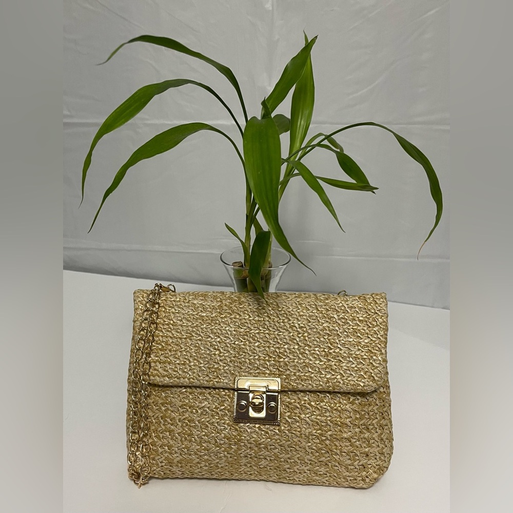Straw Bag with Adjustable Gold Chain and Twist Lock